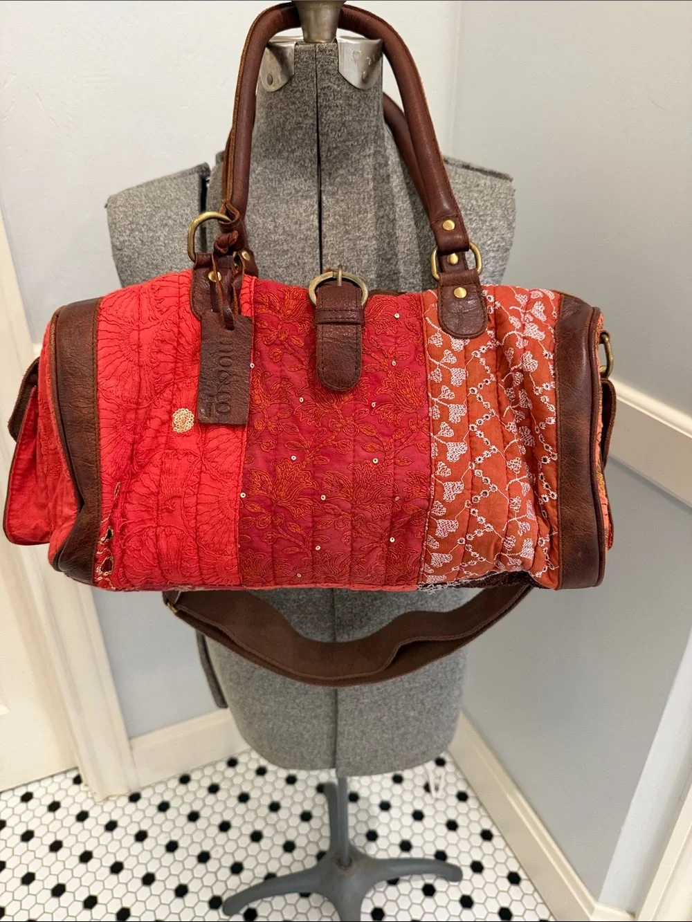 Boho Quilted Red & Orange Shoulder Satchel with Brown Leather Trim